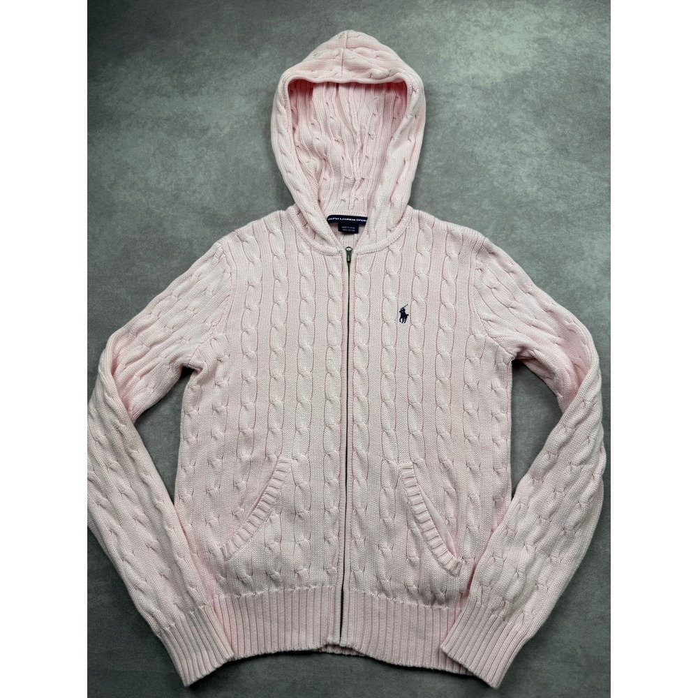 Ralph Lauren Sport Y2K Pink Cable Knit Full Zip Hoodie Cotton Sweater Womens XL
